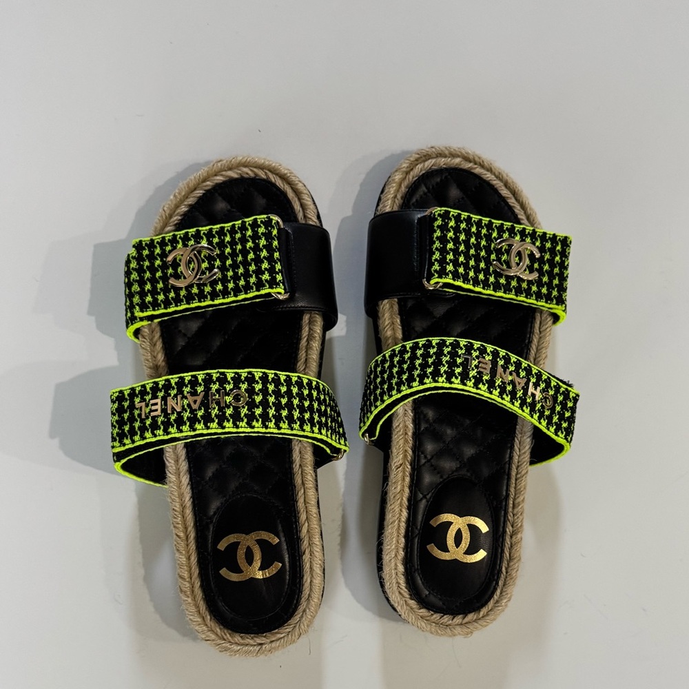 Chanel Black and Neon Green Sandals